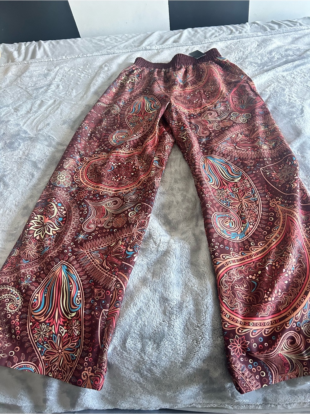 Paisley Wide-Leg Pants in Burgundy with Teal Accents